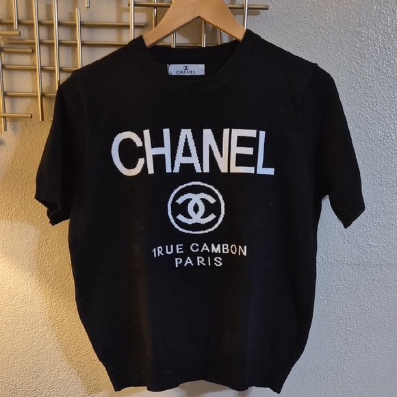CHANEL Black and White Logo T-Shirt - Picture 1 of 4